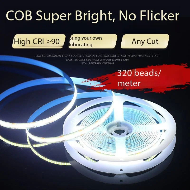 DC 12V 24V FOB COB Strip 320Leds/M High Density RA90 White 3000K 4000K 6000K IP21 Flexible Ribbon Rope LED Light
DC 12V 24V FOB COB Strip 320Leds/M High Density RA90 White 3000K 4000K 6000K IP21 Flexible Ribbon Rope LED Light