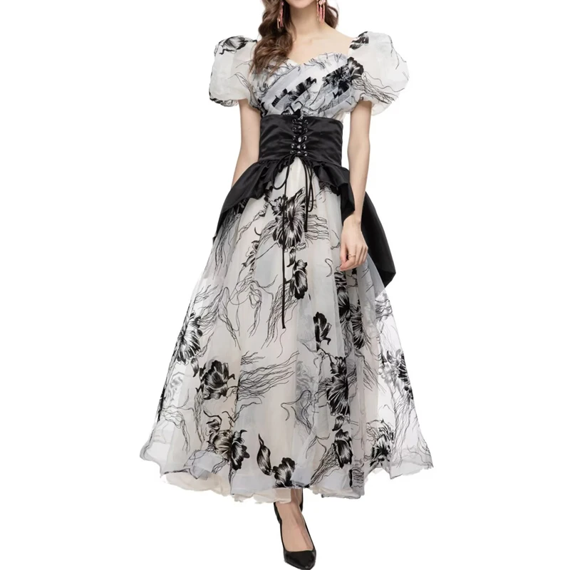 QHZ Designer Fashion Elegant Long Dress Women Puff Sleeve Pattern print Drawstring waist seal for slim Vintage Party Maxi dress
QHZ Designer Fashion Elegant Long Dress Women Puff Sleeve Pattern print Drawstring waist seal for slim Vintage Party Maxi dress