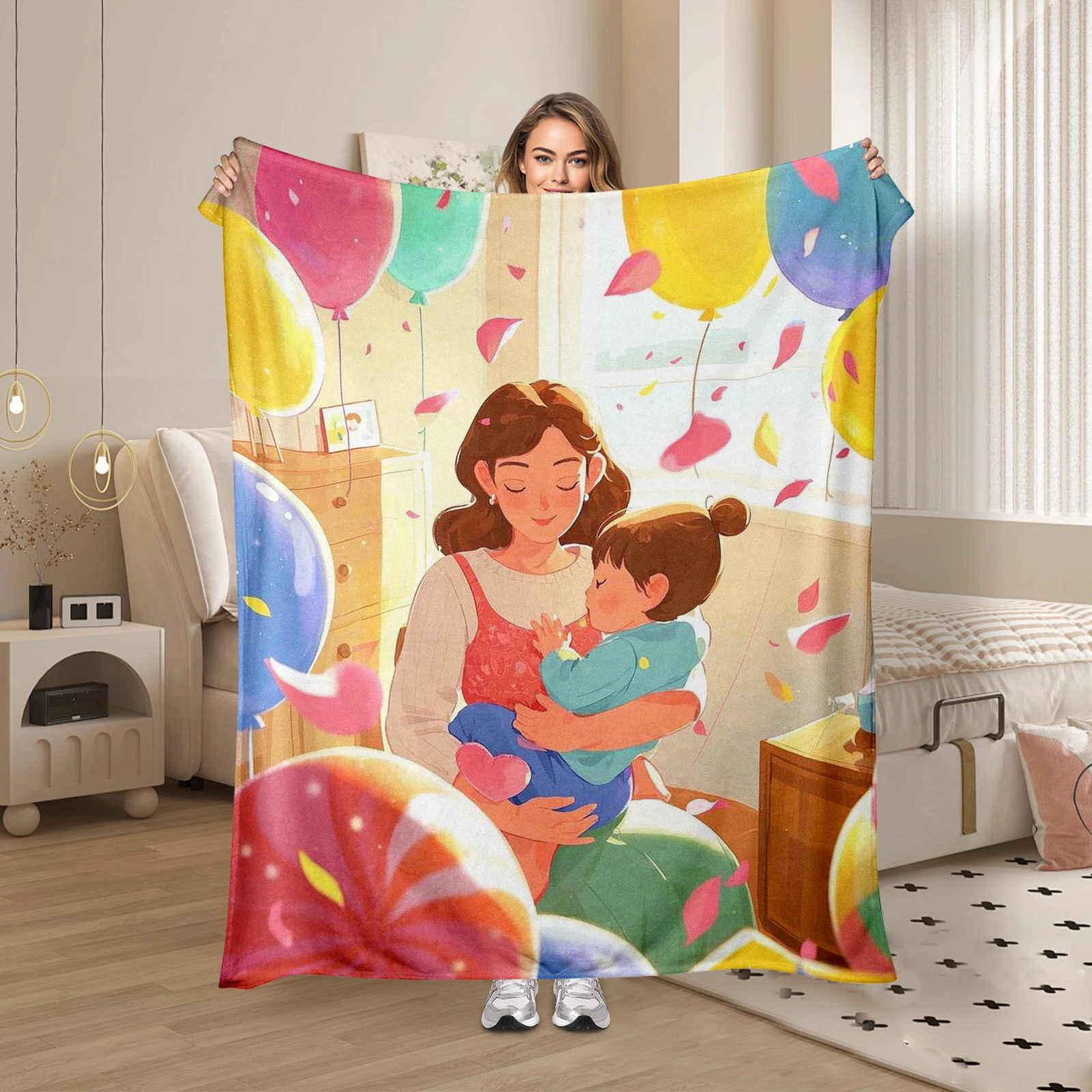 Perfect Mothers Day Gift Idea Flannel Blanket Featuring Cartoon Mother And Child With Balloons And Warm Wishes
Perfect Mothers Day Gift Idea Flannel Blanket Featuring Cartoon Mother And Child With Balloons And Warm Wishes