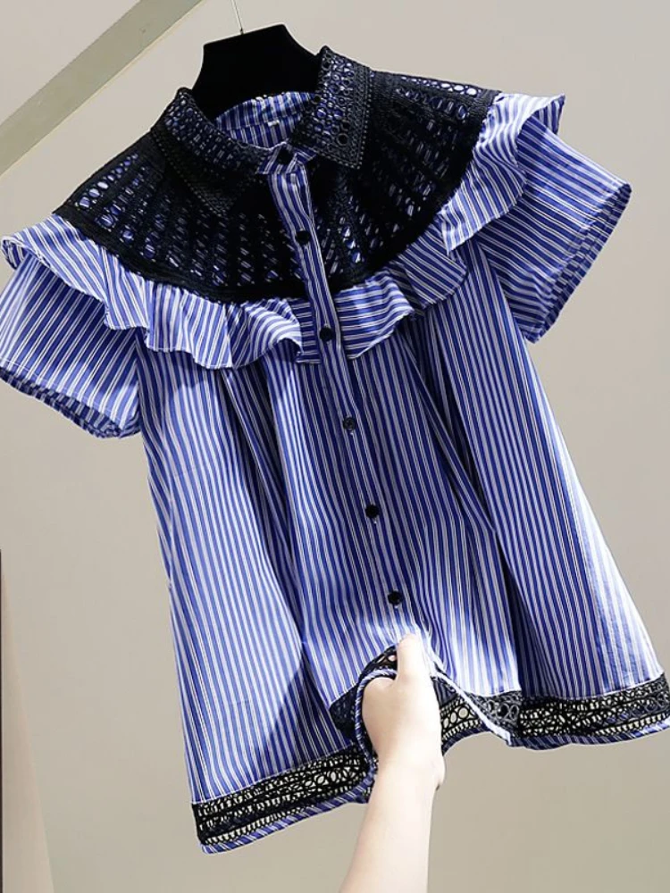Summer All Match Blouses Ruffles Lace Patchwork Striped Contrast Color Turn Down Collar Shirts Fashion Design Women's Clothing
Summer All Match Blouses Ruffles Lace Patchwork Striped Contrast Color Turn Down Collar Shirts Fashion Design Women's Clothing