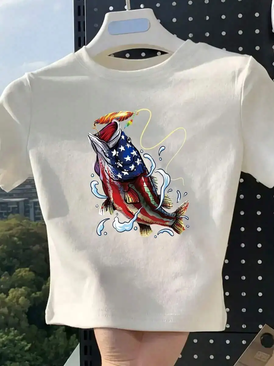 American Flag Fish Print Round Neck Short Sleeve Cropped T-Shirt For Women Cotton Summer Tee
American Flag Fish Print Round Neck Short Sleeve Cropped T-Shirt For Women Cotton Summer Tee