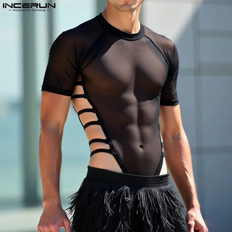 INCERUN Men Bodysuits Hollow Out Solid Color Mesh See Through Playsuits Male Rompers Sexy Lace Up Short Sleeve Fashion Bodysuit
INCERUN Men Bodysuits Hollow Out Solid Color Mesh See Through Playsuits Male Rompers Sexy Lace Up Short Sleeve Fashion Bodysuit