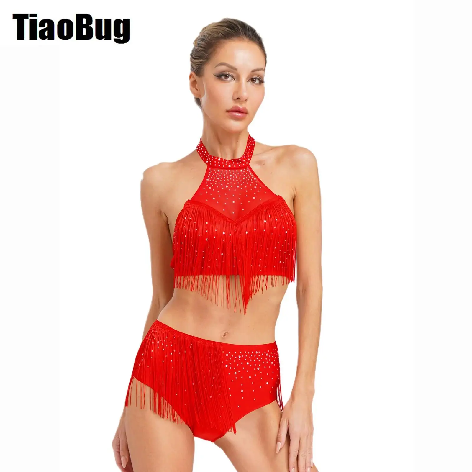 Womens Belly Dancing Sets Halter Sheer Mesh Crop Tops And Tassel Underwear Shorts for Salsa Samba Dancing Party
Womens Belly Dancing Sets Halter Sheer Mesh Crop Tops And Tassel Underwear Shorts for Salsa Samba Dancing Party