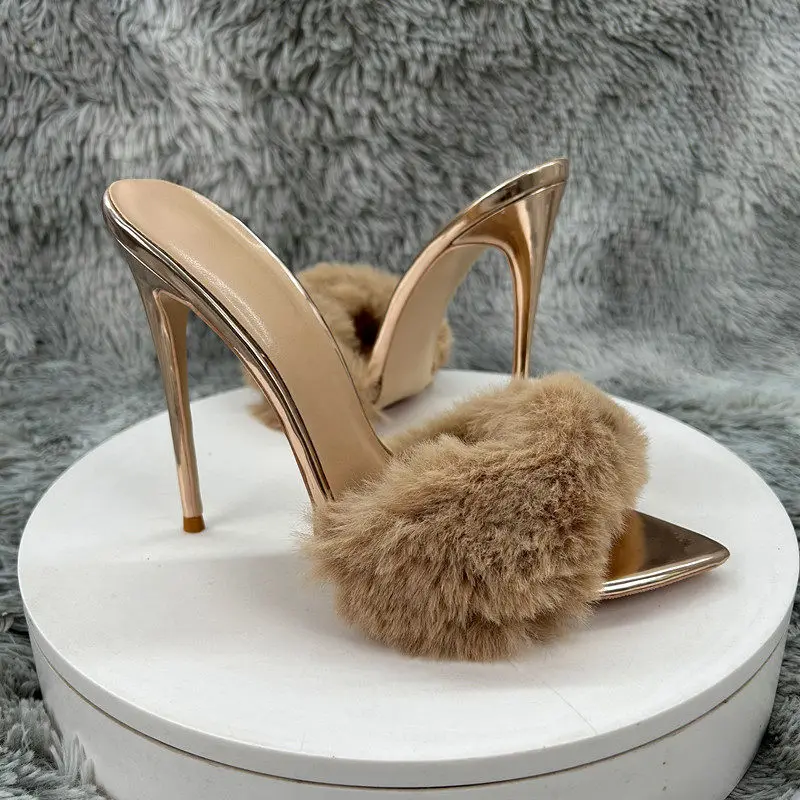 Summer champagne colored hairy one-piece cool slippers for women, pointed and sexy slim heeled high-heeled shoes
Summer champagne colored hairy one-piece cool slippers for women, pointed and sexy slim heeled high-heeled shoes