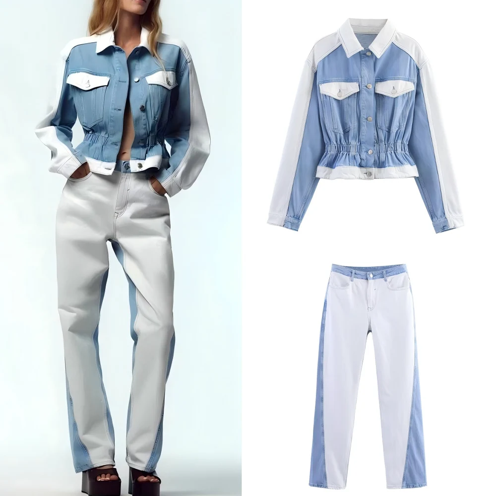 Women's new fashion elastic waist short patchwork denim jacket retro long sleeved Button-up women's jacket chic top+Vest suit
Women's new fashion elastic waist short patchwork denim jacket retro long sleeved Button-up women's jacket chic top+Vest suit