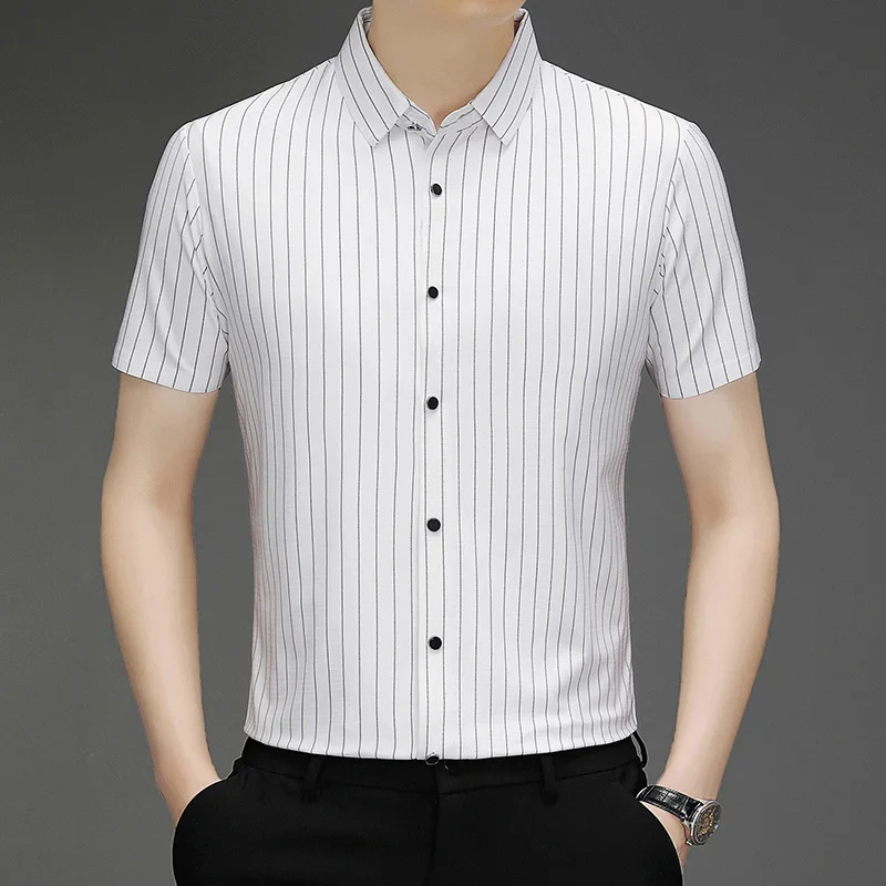 Men's Slim Fit Ice Silk Short Sleeve Shirt Business Style Printed Casual Thin Elastic Anti-Wrinkle Stripe Shirt for Summer
Men's Slim Fit Ice Silk Short Sleeve Shirt Business Style Printed Casual Thin Elastic Anti-Wrinkle Stripe Shirt for Summer