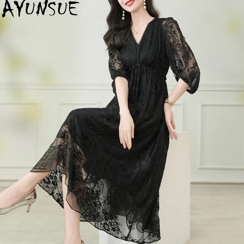 AYUNSUE 100% Natural Mulberry Silk Long Dress Elegant Dresses for Women Summer Clothes Female Embroidery Black Dress فستان فستان
AYUNSUE 100% Natural Mulberry Silk Long Dress Elegant Dresses for Women Summer Clothes Female Embroidery Black Dress فستان فستان