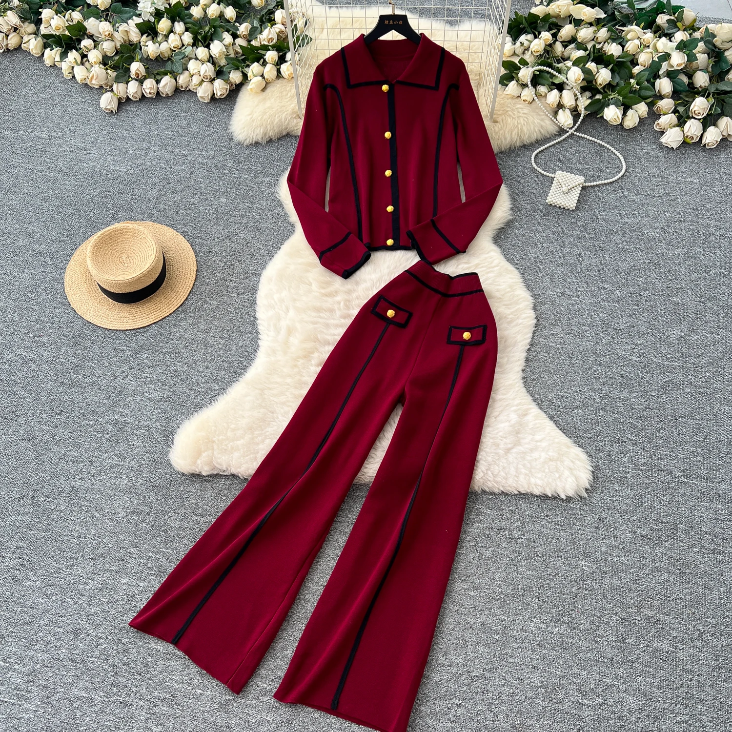 Winter Women Casual 2pcs Sets Female Polo Neck Long Sleeve Cardigan+Wide Leg Pants Autumn Color Block Knitted Outfits 
Winter Women Casual 2pcs Sets Female Polo Neck Long Sleeve Cardigan+Wide Leg Pants Autumn Color Block Knitted Outfits