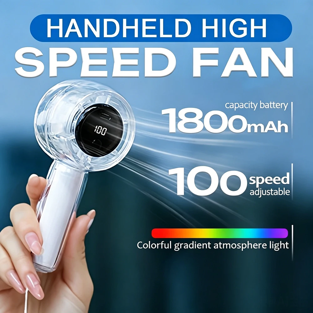 Clear High Speed Handheld Fan, 100 Stepless Speeds, 1800mAh Rechargeable, Quiet Powerful, 7 Color LED Light, Compact USB Fan
Clear High Speed Handheld Fan, 100 Stepless Speeds, 1800mAh Rechargeable, Quiet Powerful, 7 Color LED Light, Compact USB Fan