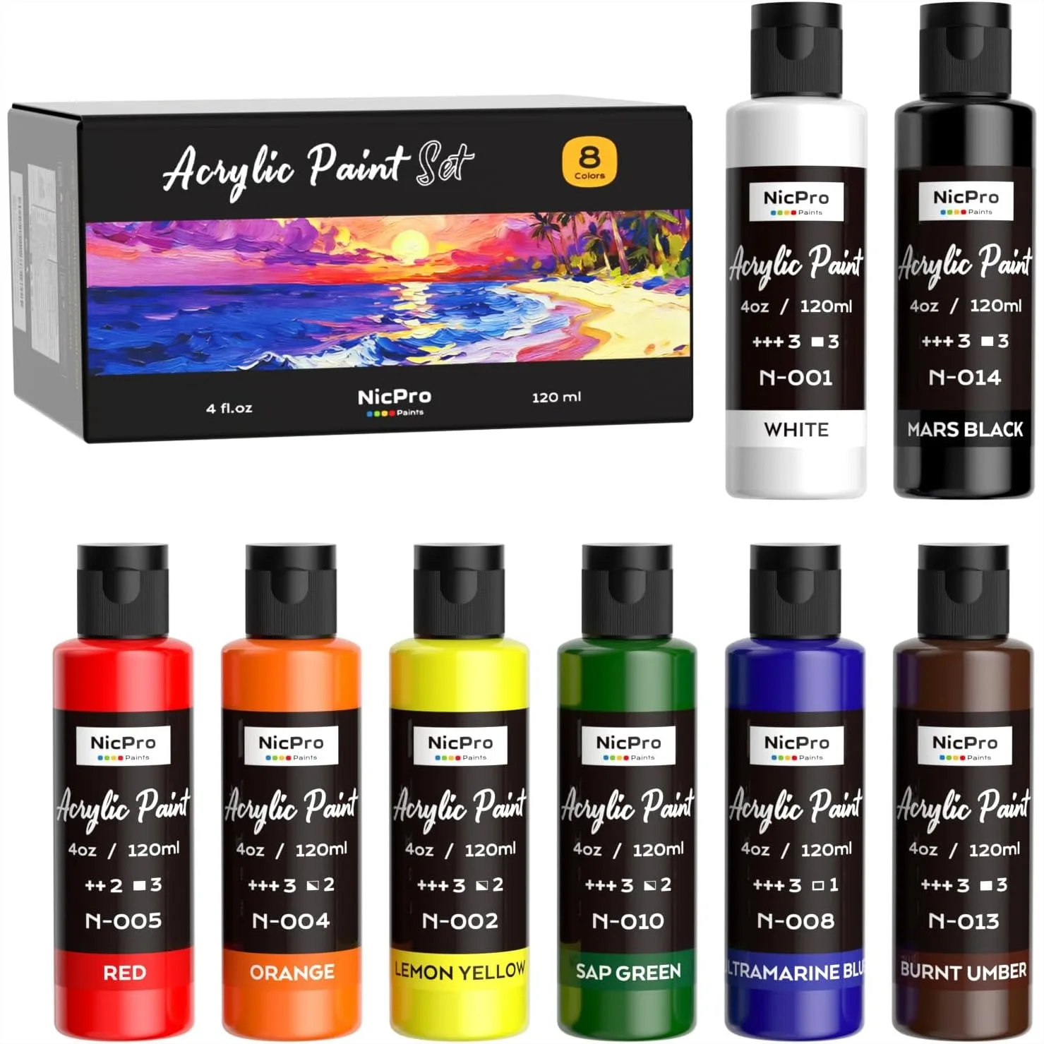 8 Primary Colors Acrylic Paint Set (4 oz, 120 ml) for Canvas, Wood, Ceramic, Fabric, Rock - Rich Pigment Craft Paint for
8 Primary Colors Acrylic Paint Set (4 oz, 120 ml) for Canvas, Wood, Ceramic, Fabric, Rock - Rich Pigment Craft Paint for