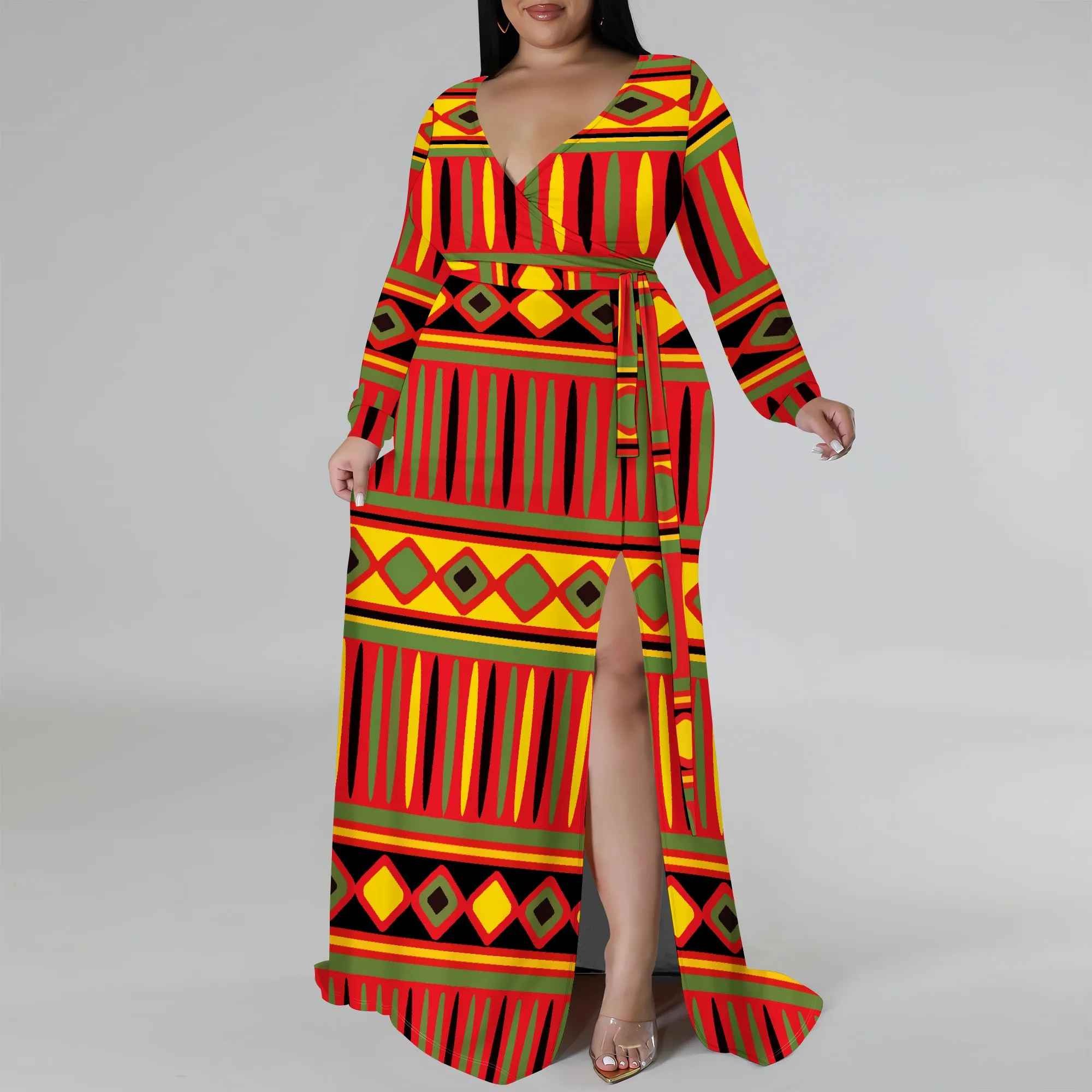 Plus Size Long Sleeve Geometric Print Wrap Dress for Women, Bold Maxi Dress with Side Slit for Casual Style
Plus Size Long Sleeve Geometric Print Wrap Dress for Women, Bold Maxi Dress with Side Slit for Casual Style