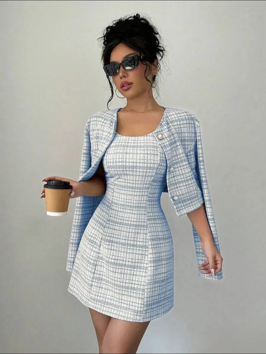 2026 Women's Tweed Two Piece Co Ord Set, Round Neck 3/4 Sleeve Pearl Button Cropped Blazer & Sleeveless Square Neck Bodycon Mini
2026 Women's Tweed Two Piece Co Ord Set, Round Neck 3/4 Sleeve Pearl Button Cropped Blazer & Sleeveless Square Neck Bodycon Mini