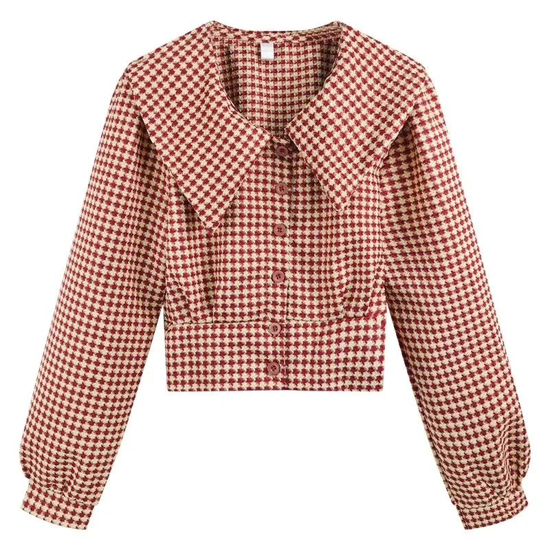 2025 Houndstooth Doll Collar Shirt Women's Spring Summer Short Coat Vintage Blouses Slim Students Long Sleeve Shirts Casual Tops
2025 Houndstooth Doll Collar Shirt Women's Spring Summer Short Coat Vintage Blouses Slim Students Long Sleeve Shirts Casual Tops