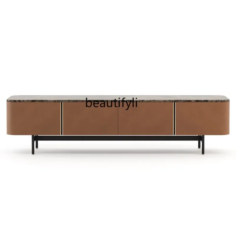Smoked oak TV cabinet Modern light luxury imported saddle leather living room marble surface low cabinet2936
Smoked oak TV cabinet Modern light luxury imported saddle leather living room marble surface low cabinet2936
