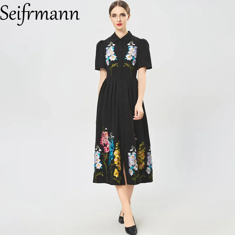 Seifrmann 2026 Summer Women's New Fashionable lapel Short Sleeve Embroidered Waist cinched Mid length Dress
Seifrmann 2026 Summer Women's New Fashionable lapel Short Sleeve Embroidered Waist cinched Mid length Dress