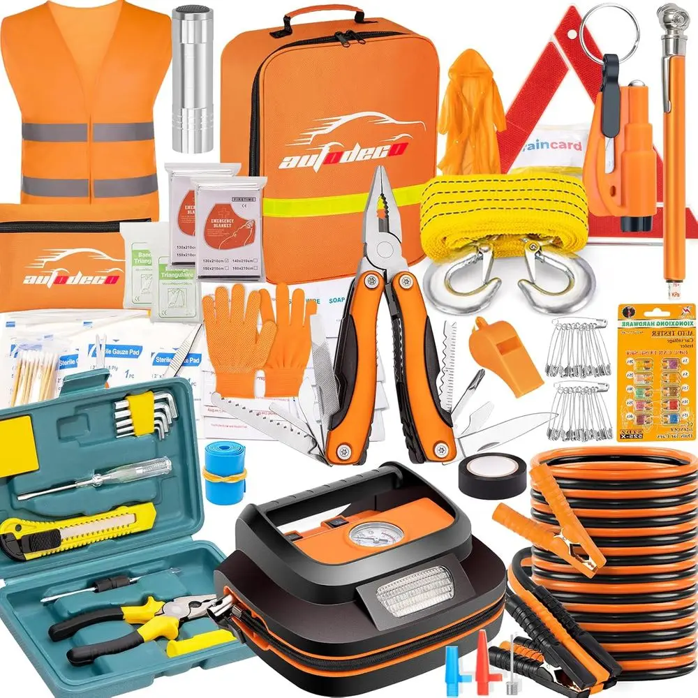 Portable 131-Piece Car Safety Kit with Air Compressor, Jumper Cables, Tire Pressure Gauge for Emergency Roadside Assistance
Portable 131-Piece Car Safety Kit with Air Compressor, Jumper Cables, Tire Pressure Gauge for Emergency Roadside Assistance