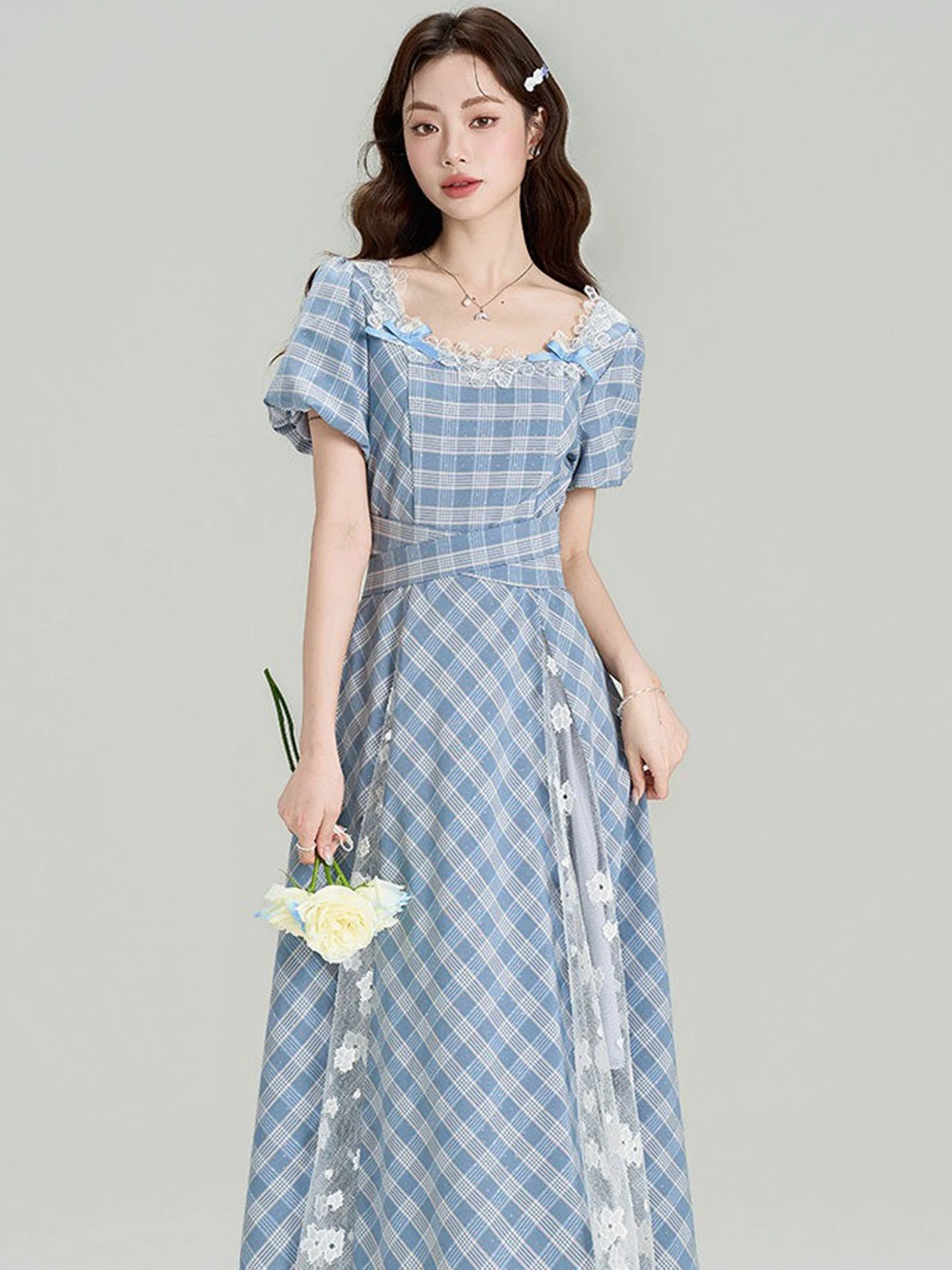 Gentle Lace Waisted Long Dress Blue Plaid Square Collar Women's Fashion Spring Summer New Style French Style A-Line Dress
Gentle Lace Waisted Long Dress Blue Plaid Square Collar Women's Fashion Spring Summer New Style French Style A-Line Dress