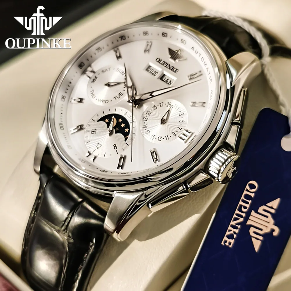 OUPINKE Fashion Business Mens Watches Comfortable Leather Strap Automatic Mechanical Watch Multifunctional Moon Phase Wristwatch
OUPINKE Fashion Business Mens Watches Comfortable Leather Strap Automatic Mechanical Watch Multifunctional Moon Phase Wristwatch