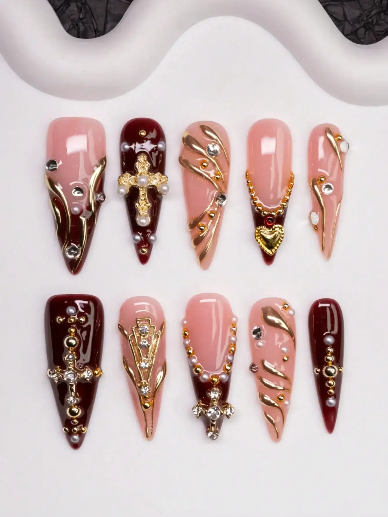 Handmade Almond-Shaped Y2K Style Nails, Spring/Summer, Nude & Brown Color With French Tips, Cross, Star, Asymmetrical Liquid Met
Handmade Almond-Shaped Y2K Style Nails, Spring/Summer, Nude & Brown Color With French Tips, Cross, Star, Asymmetrical Liquid Met