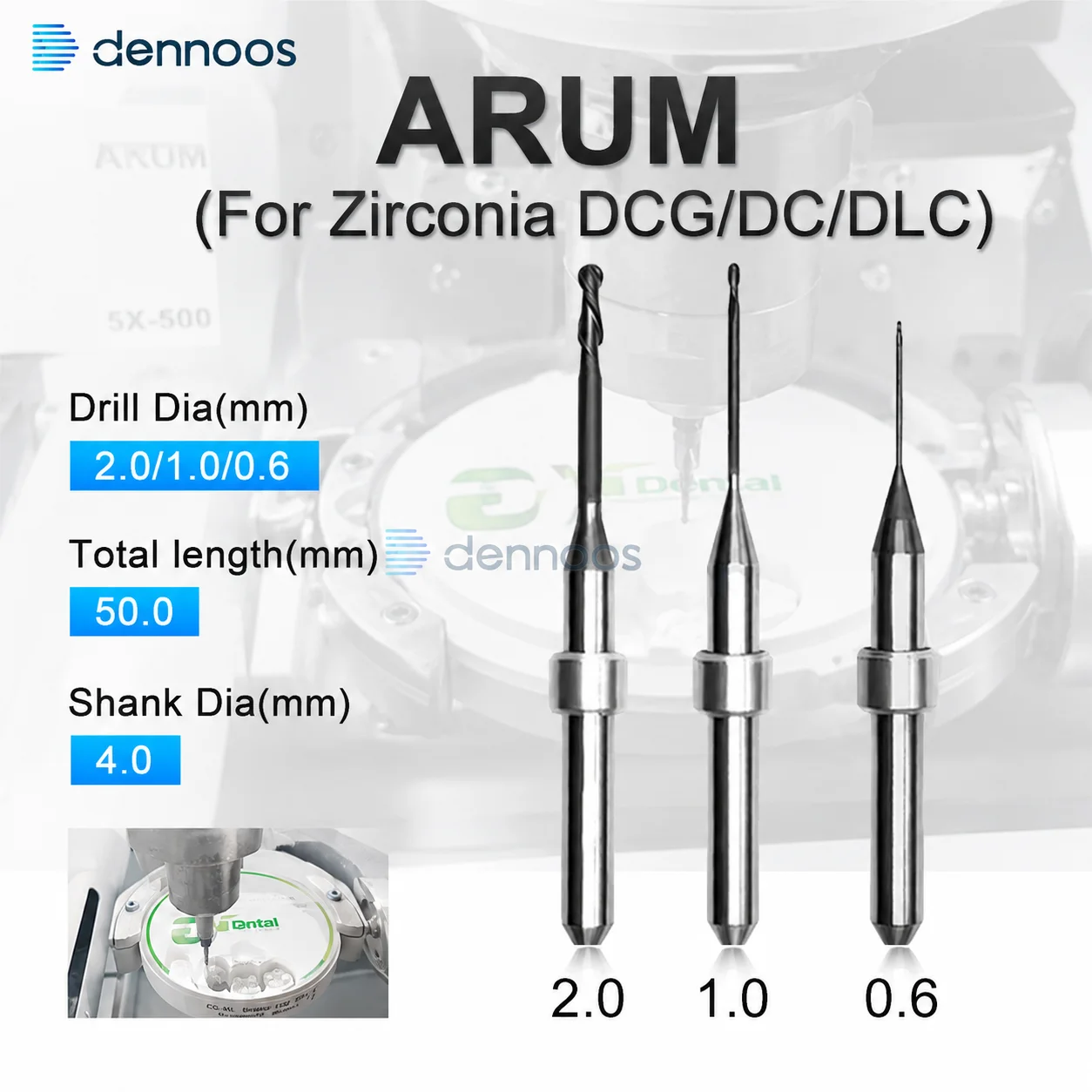 ARUM Zirconia Milling Burs D4 Shank 50mm Length DIA 2.0/1.0/0.6mm Drill Dental Cad Cam Zirconia Drills Arum Milling Cutter Fresa
ARUM Zirconia Milling Burs D4 Shank 50mm Length DIA 2.0/1.0/0.6mm Drill Dental Cad Cam Zirconia Drills Arum Milling Cutter Fresa