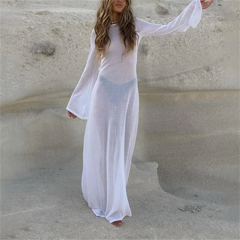 

HOUZHOU Sexy Backless Long Sleeve Dresses Woman White Elegant See Through Mesh Maxi Dress Beach Vacation Outfits 2024 Long Dress