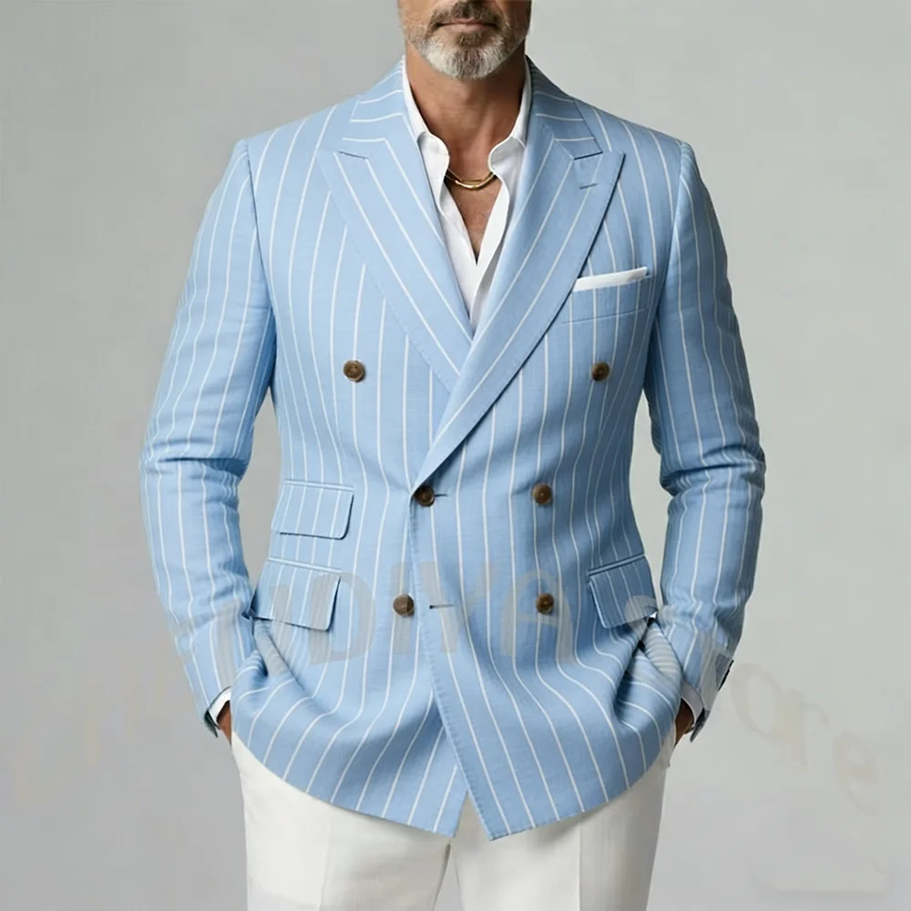 Sky Blue Striped Men's Suit Set Classic Double Breasted Slim Fit Blazer White Pants Smart Casual Beach Vacation Wedding Outfit
Sky Blue Striped Men's Suit Set Classic Double Breasted Slim Fit Blazer White Pants Smart Casual Beach Vacation Wedding Outfit