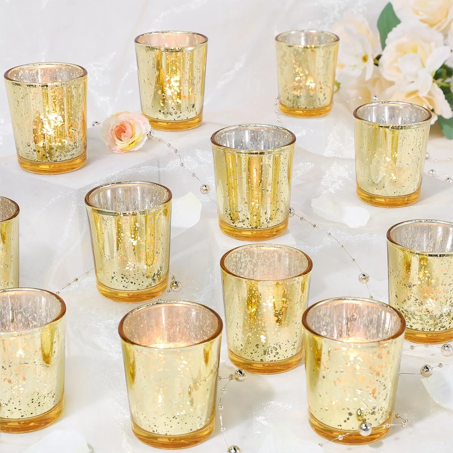 Gold Votive Candle Holders Set of 24, Speckled Mercury Glass Tealight Holders for Wedding Centerpieces Party Decor
Gold Votive Candle Holders Set of 24, Speckled Mercury Glass Tealight Holders for Wedding Centerpieces Party Decor