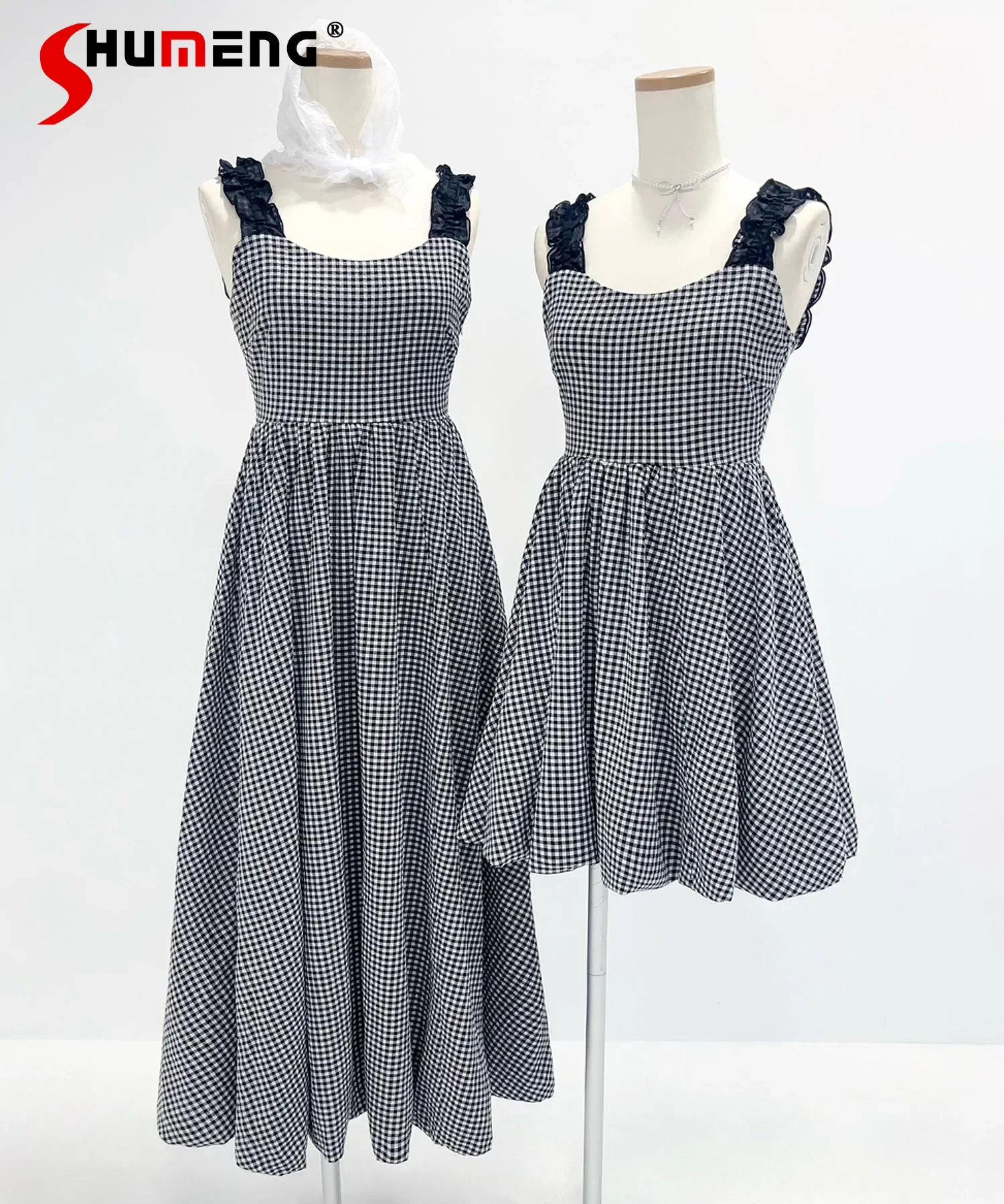 Japanese Elegant Sweet Princess Sling Dress Sleeveless Square Neck Lace Embroidered Plaid High Waist A-line Dress Women Summer
Japanese Elegant Sweet Princess Sling Dress Sleeveless Square Neck Lace Embroidered Plaid High Waist A-line Dress Women Summer