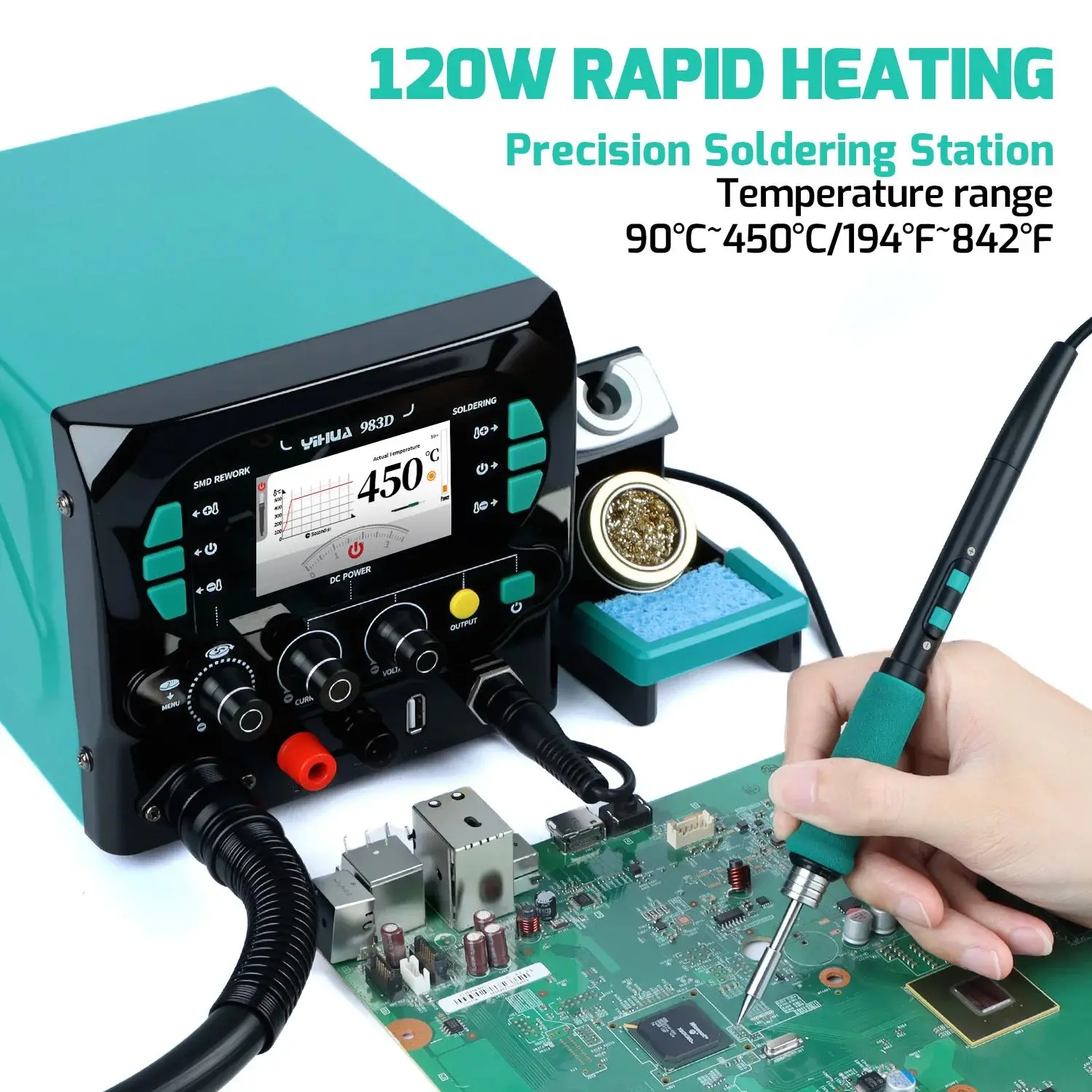 YIHUA 983D Precision Soldering Station 1300W Hot Air Rework Station, DC Power Supply 3-in-1 Multi Station
YIHUA 983D Precision Soldering Station 1300W Hot Air Rework Station, DC Power Supply 3-in-1 Multi Station