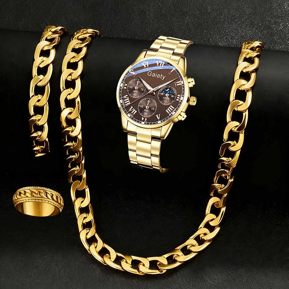 4 шт., золотые роскошные мужские часы, комплект деловых часов, римские цифровые весы, кварцевые часы с круглым циферблатом, браслет, ожерелье, набор колец, идеальный подарок
4 шт., золотые роскошные мужские часы, комплект деловых часов, римские цифровые весы, кварцевые часы с круглым циферблатом, браслет, ожерелье, набор колец, идеальный подарок