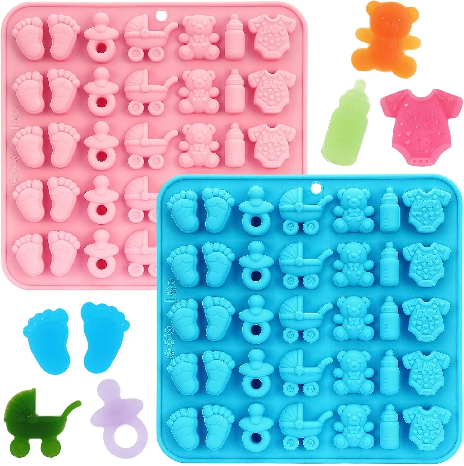 2 Pack Baby Shower Silicone Chocolate Molds - Feet, Pacifier, Cradles, Bear, Bottle, Onesie Shapes for Candy, Gummy, Cupcake Decor
2 Pack Baby Shower Silicone Chocolate Molds - Feet, Pacifier, Cradles, Bear, Bottle, Onesie Shapes for Candy, Gummy, Cupcake Decor