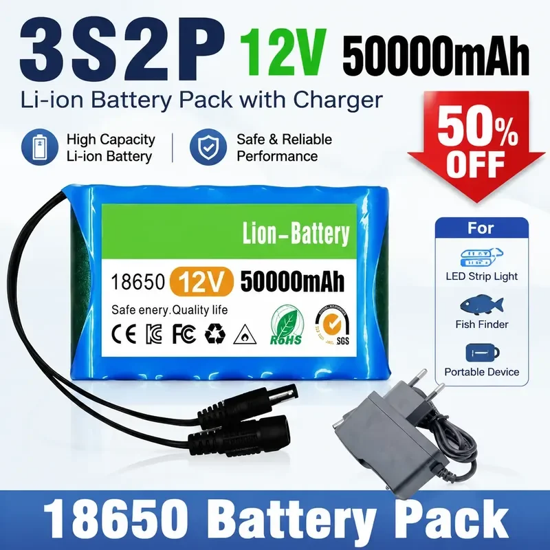 3S2P 12V 50000mAh 18650 Battery Pack with Charger for LED Strip Light Fish Finder Portable Device High Capacity Li-ion
3S2P 12V 50000mAh 18650 Battery Pack with Charger for LED Strip Light Fish Finder Portable Device High Capacity Li-ion