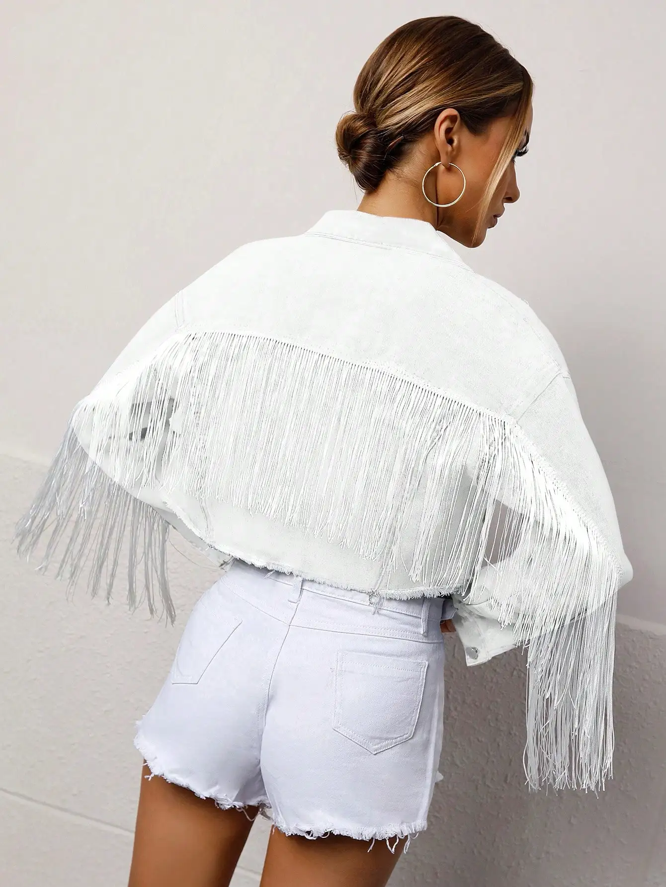 White Denim Fringe Cropped Jacket for Women, Summer Casual Wear
White Denim Fringe Cropped Jacket for Women, Summer Casual Wear