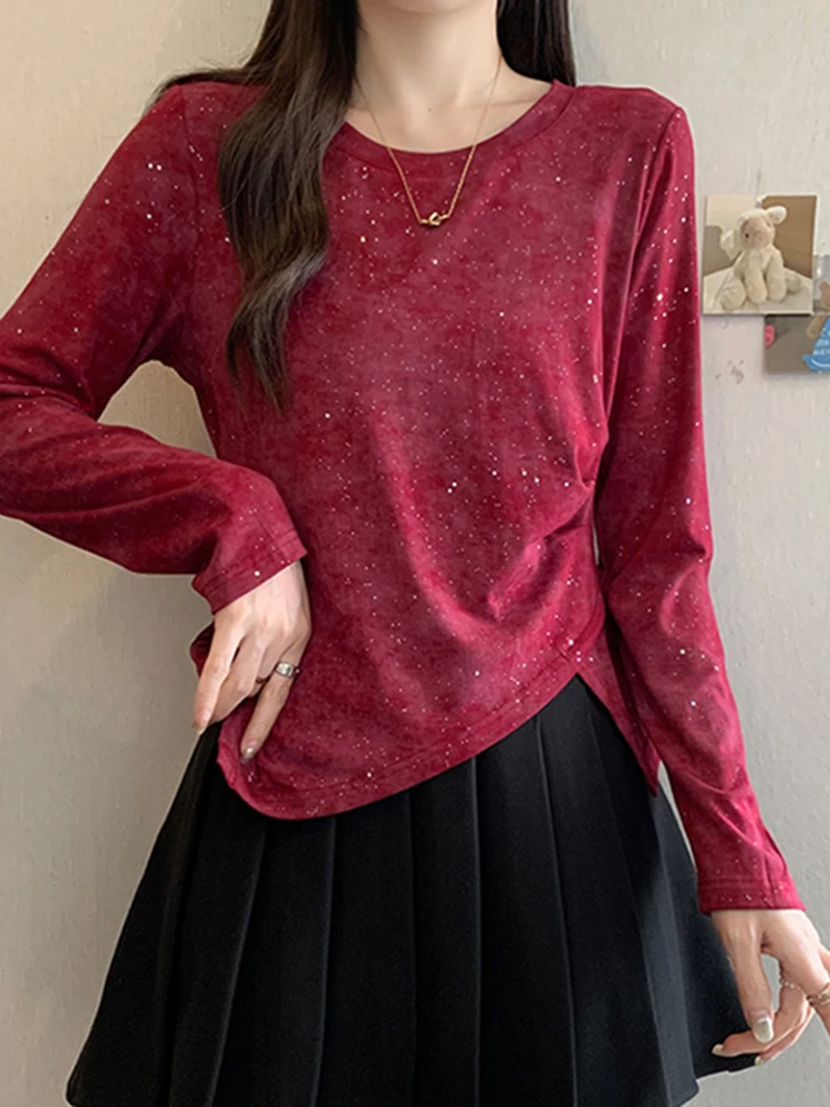 Женская облегающая футболка с длинным рукавом и круглым вырезом, с блестками, осенне-зимняя новинка, красная, с эффектом стройности
Женская облегающая футболка с длинным рукавом и круглым вырезом, с блестками, осенне-зимняя новинка, красная, с эффектом стройности