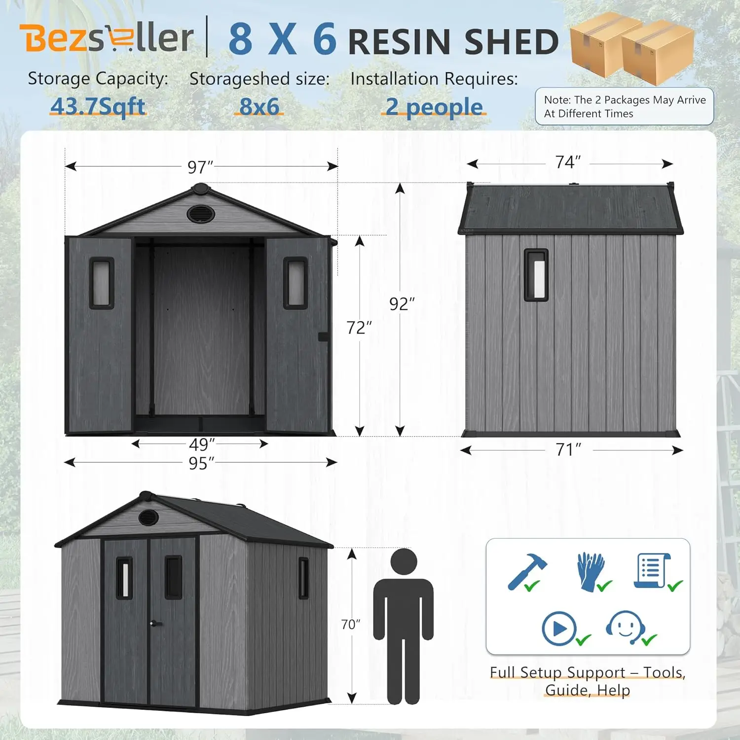 8x6 FT Resin Storage Shed with Floor, Outdoor Plastic Shed for Backyard, Lawn Equipment & Patio Furniture, Waterproof, Custom
8x6 FT Resin Storage Shed with Floor, Outdoor Plastic Shed for Backyard, Lawn Equipment & Patio Furniture, Waterproof, Custom