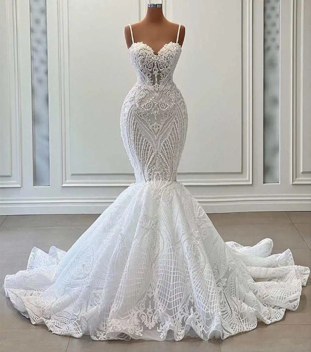 New Wedding Dresses With Beading Pearls Mermaid Pretty Spaghetti Strap Appliques Lace Long Bridal Gowns Vestido de novia
New Wedding Dresses With Beading Pearls Mermaid Pretty Spaghetti Strap Appliques Lace Long Bridal Gowns Vestido de novia