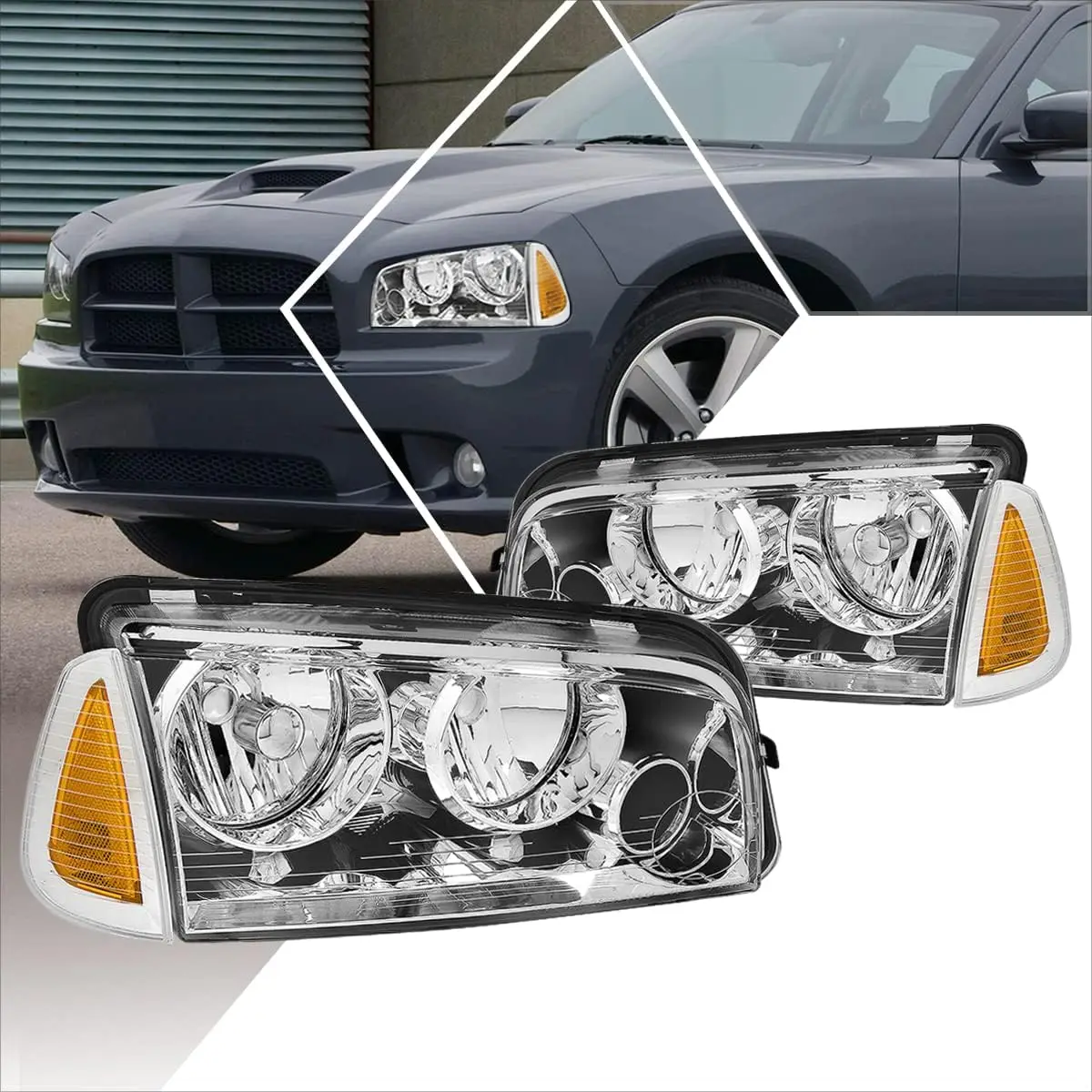 Сменные фары (фары) в сборе, 2 шт., совместимые с Dodge Charger 06-10, хромированный корпус/янтарный угол
Сменные фары (фары) в сборе, 2 шт., совместимые с Dodge Charger 06-10, хромированный корпус/янтарный угол
