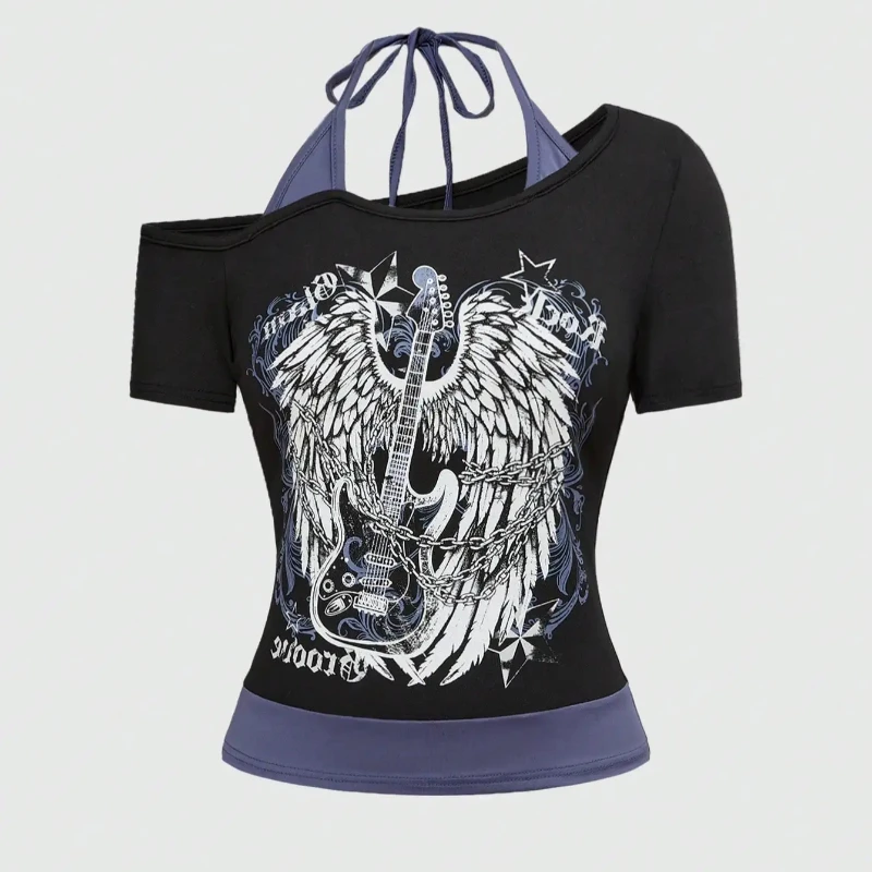 Gothic women's purple decorative short sleeved T-shirt fake two-piece lace up fashionable printed short clothing
Gothic women's purple decorative short sleeved T-shirt fake two-piece lace up fashionable printed short clothing