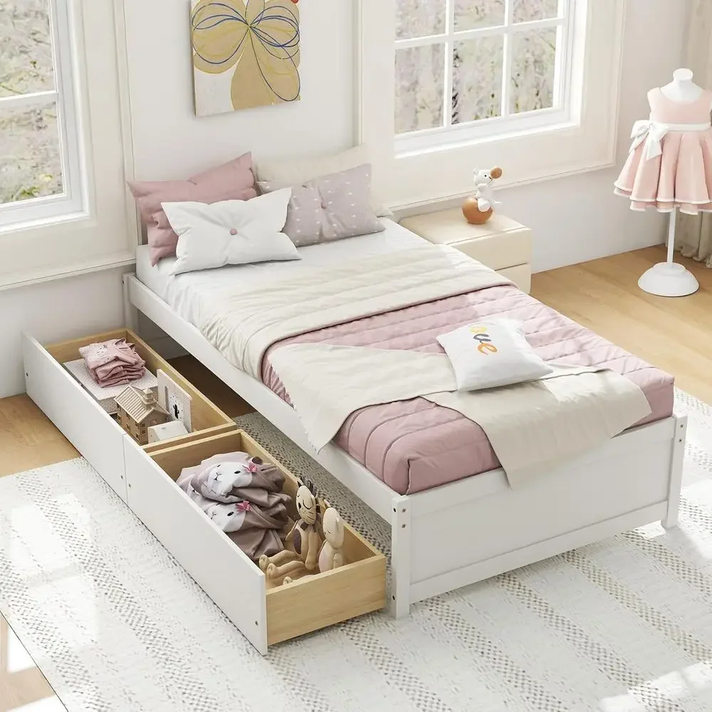 White Twin Platform Bed with 2 Storage Drawers, Heavy Duty Daybed, No Box Spring Required for Kids, Teens, and Adults
White Twin Platform Bed with 2 Storage Drawers, Heavy Duty Daybed, No Box Spring Required for Kids, Teens, and Adults