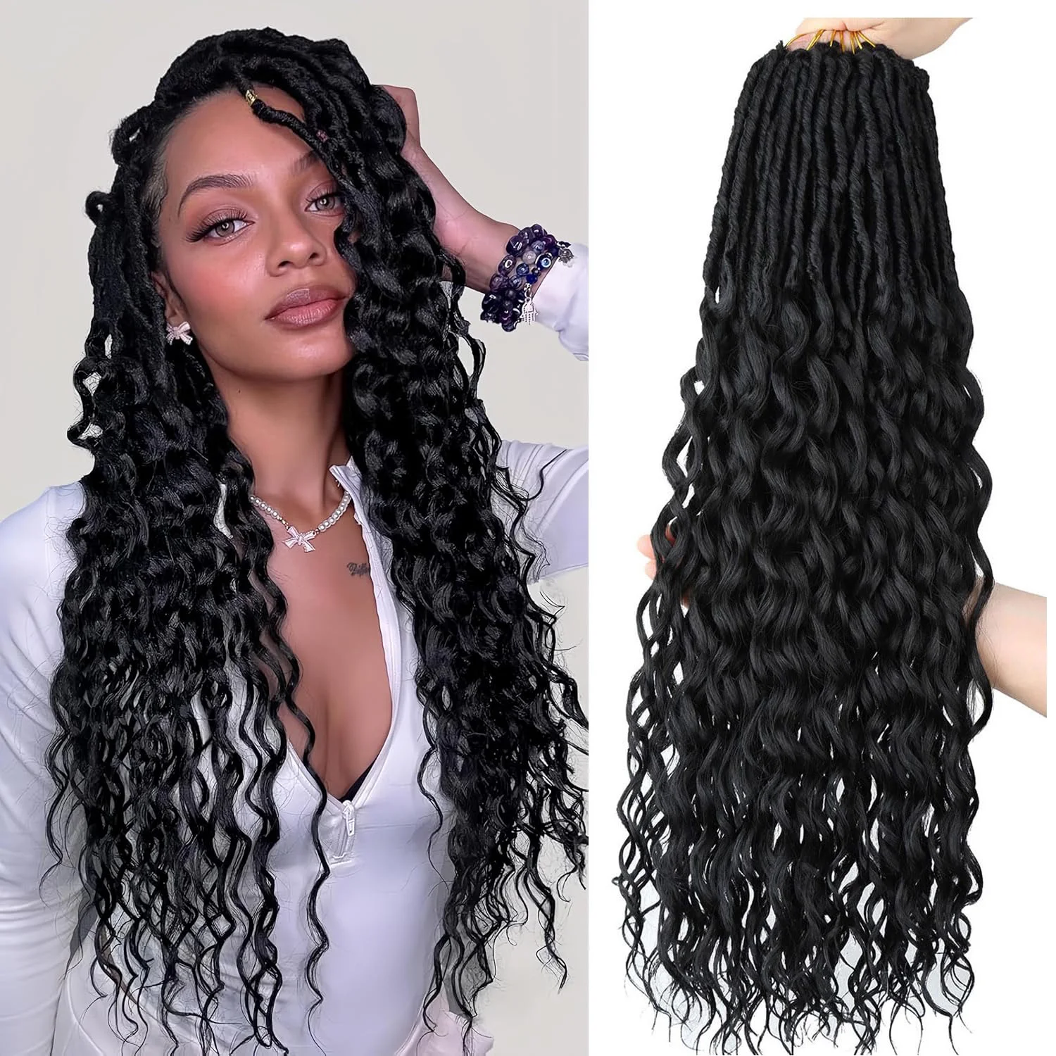 Глубокие искусственные локоны, вязанные крючком волосы Goddess Locs, вязанные крючком волосы для женщин, искусственные локоны с вьющимися концами, синтетические волосы 
Глубокие искусственные локоны, вязанные крючком волосы Goddess Locs, вязанные крючком волосы для женщин, искусственные локоны с вьющимися концами, синтетические волосы