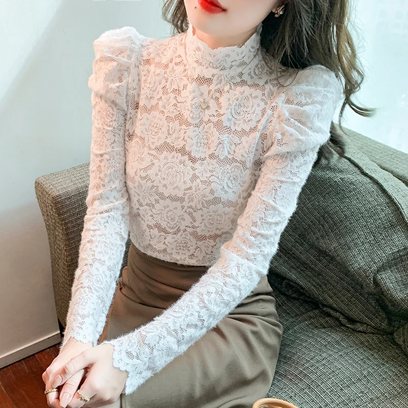 Elegant Turtleneck Lace Blouse Women Sexy Hollow Out White Shirt Autumn Long Puff Sleeve Tops Slim Fit Clothes Blusas 29175
Elegant Turtleneck Lace Blouse Women Sexy Hollow Out White Shirt Autumn Long Puff Sleeve Tops Slim Fit Clothes Blusas 29175