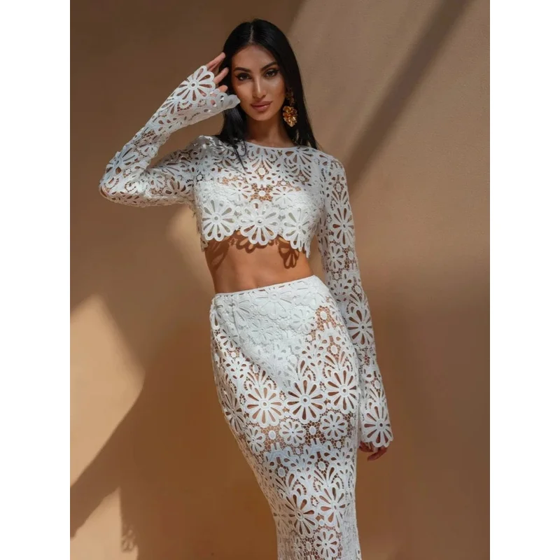White Elegant Embroidery Hollow Out Beach Dresses Set Sexy See Though Crop Tops Long Skirts Women Sets Summer Women Outfits
White Elegant Embroidery Hollow Out Beach Dresses Set Sexy See Though Crop Tops Long Skirts Women Sets Summer Women Outfits