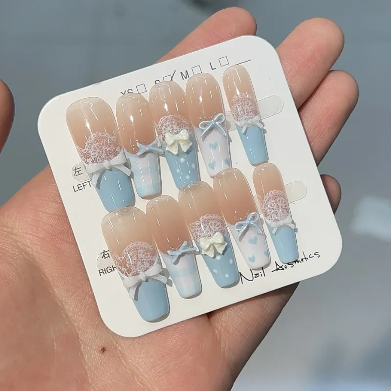 10 Pieces Spring Summer Sweet Fresh Handmade Press On Nails Light Blue Lace Bow French False Nails Removable and Reusable
10 Pieces Spring Summer Sweet Fresh Handmade Press On Nails Light Blue Lace Bow French False Nails Removable and Reusable