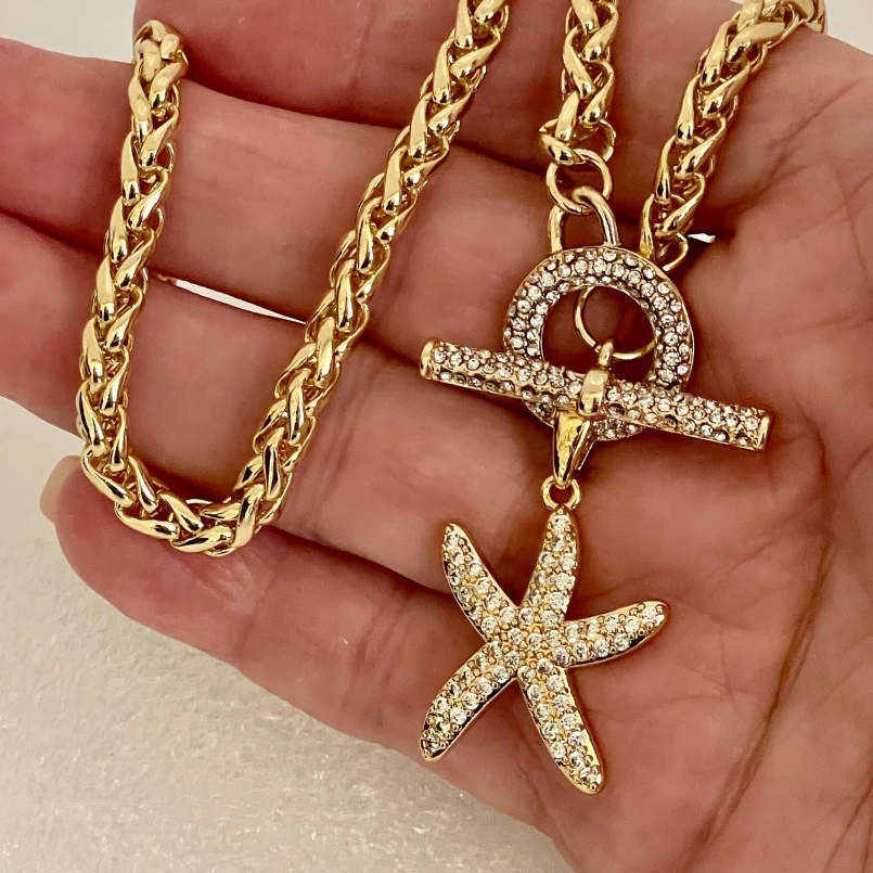 Stainless Steel Choker Gold Color Sparkling Starfish Pendant Necklace Toggle Clasp Wheat Rope Chain Aesthetic Ocean Jewelry
Stainless Steel Choker Gold Color Sparkling Starfish Pendant Necklace Toggle Clasp Wheat Rope Chain Aesthetic Ocean Jewelry