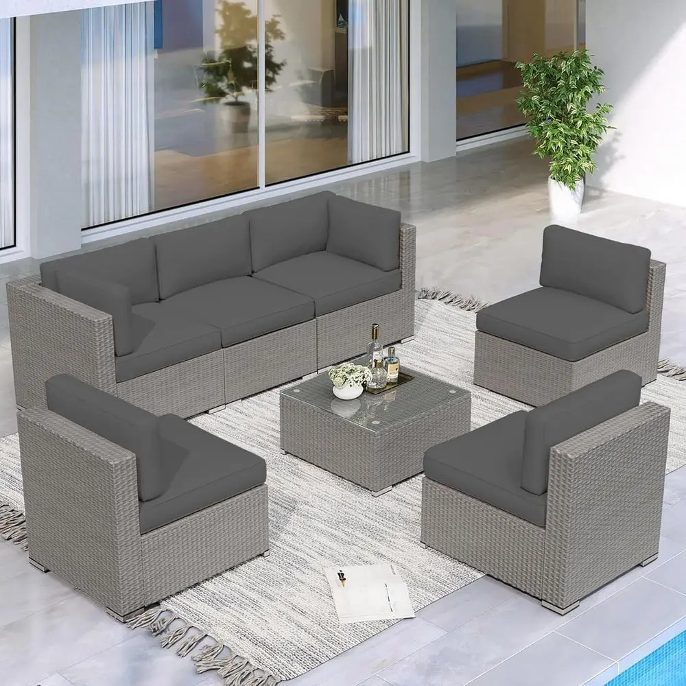 All-Weather Gray Wicker Patio Sectional Sofa Set with Glass Coffee Table and Washable Cushions
All-Weather Gray Wicker Patio Sectional Sofa Set with Glass Coffee Table and Washable Cushions