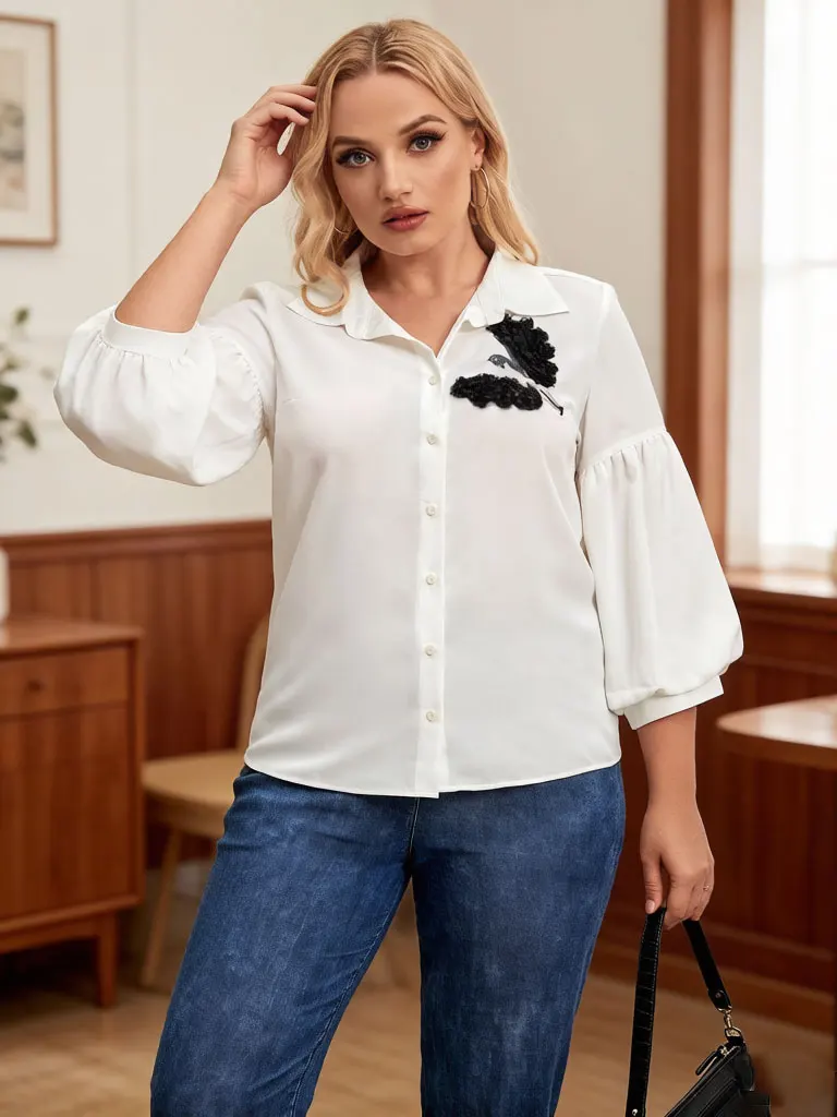 Women White Satin Blouse Lantern Sleeve Shirt with 3D Flower Bird Embroidery Elegant Office Work Wear Top
Women White Satin Blouse Lantern Sleeve Shirt with 3D Flower Bird Embroidery Elegant Office Work Wear Top