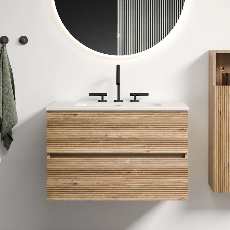 Gloria 30" Wall-Mounted Floating Bathroom Vanity in Rough Oak with Integrated Ceramic Sink, 3-Hole Faucet Mount, Large Storage, Modern Design
Gloria 30" Wall-Mounted Floating Bathroom Vanity in Rough Oak with Integrated Ceramic Sink, 3-Hole Faucet Mount, Large Storage, Modern Design