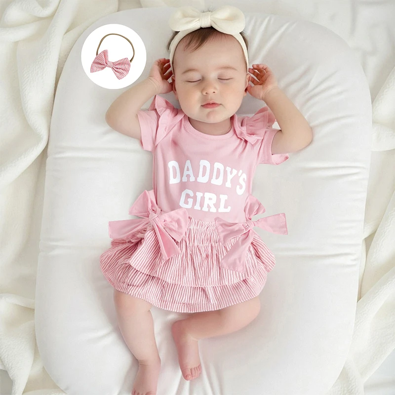 Adorable Baby Girl Summer Clothes Set with Cute Letter Print Romper Striped Ruffled Skirt and Bow Headband - 3 Piece Outfit
Adorable Baby Girl Summer Clothes Set with Cute Letter Print Romper Striped Ruffled Skirt and Bow Headband - 3 Piece Outfit