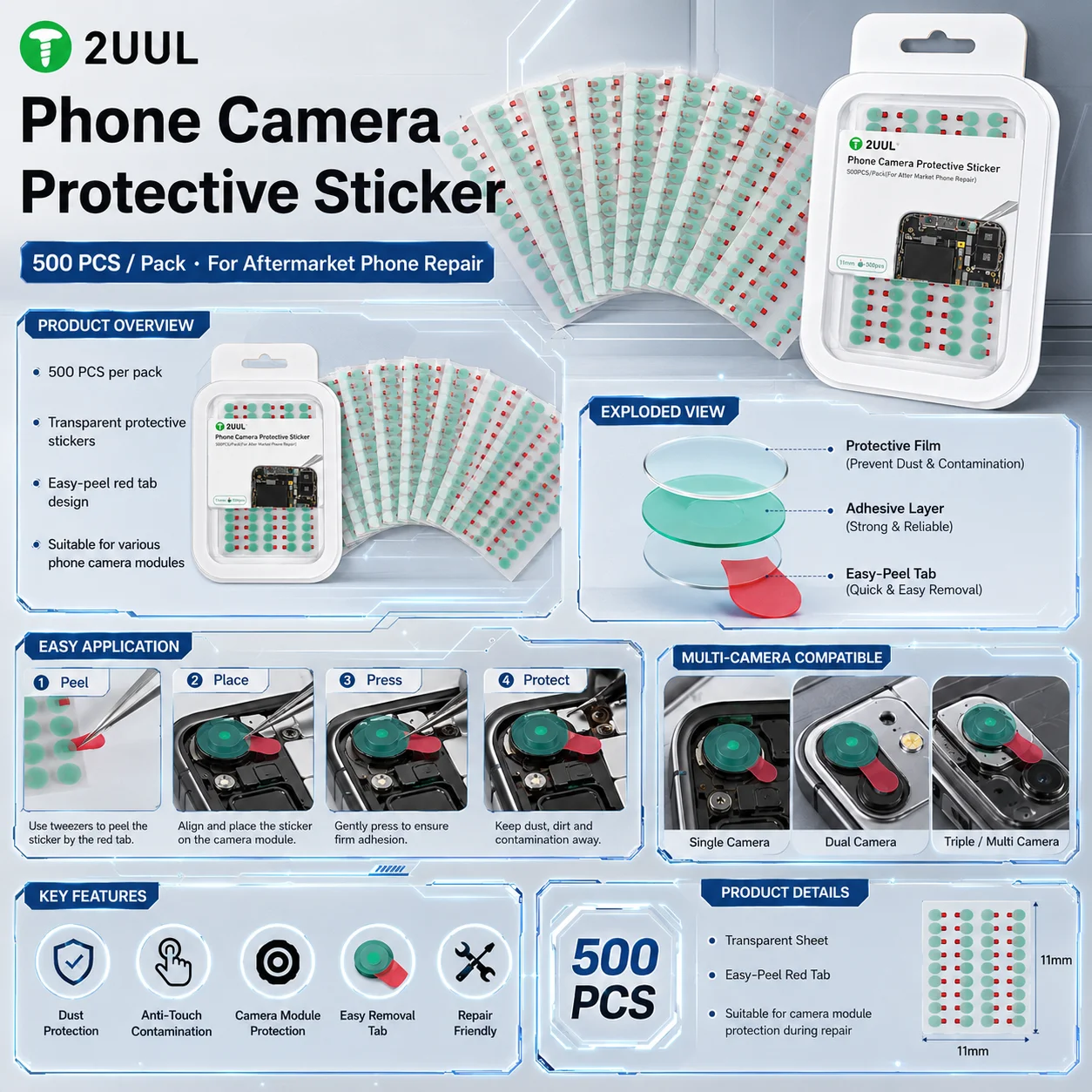 2UUL DA31 Camera Lens Protective Film 500PCS Pack Dustproof Scratch-Resistant Sticker for Mobile Phone Repair & Replacement
2UUL DA31 Camera Lens Protective Film 500PCS Pack Dustproof Scratch-Resistant Sticker for Mobile Phone Repair & Replacement