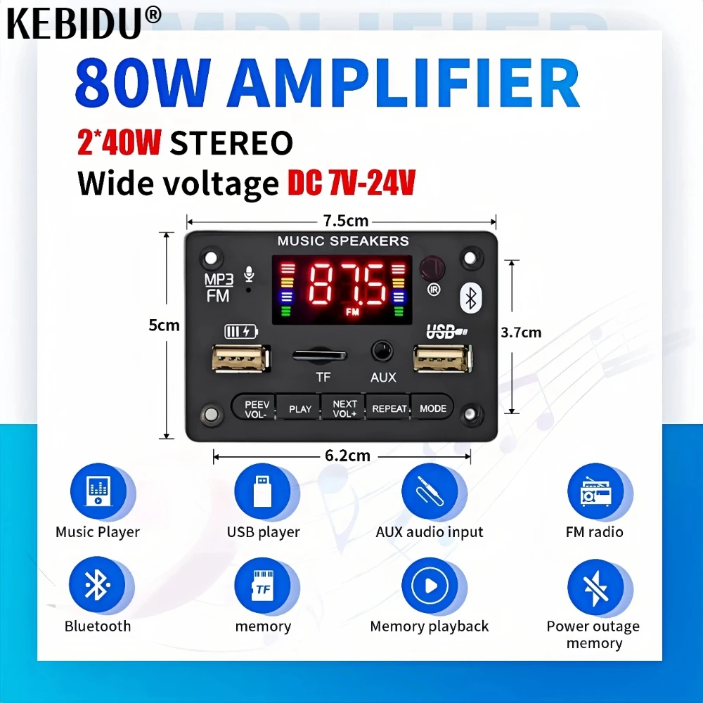 Плата декодера MP3 Bluetooth 5,0, 40 Вт, 80 Вт, усилитель постоянного тока 12 В, DIY аудио MP3-плеер, зарядка через USB, автомобильное FM-радио, TF, USB-микрофон, запись вызовов
Плата декодера MP3 Bluetooth 5,0, 40 Вт, 80 Вт, усилитель постоянного тока 12 В, DIY аудио MP3-плеер, зарядка через USB, автомобильное FM-радио, TF, USB-микрофон, запись вызовов